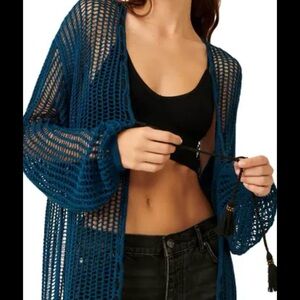 Free People Bohemian Chic Music Festival Teal 100% Cotton Open-Knit Cardigan S